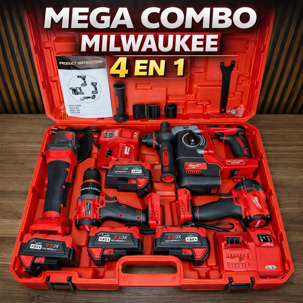 Combo rojo  4 en 1 Motor Brushless – 4 Baterias + 2 Cargadores + Estuche